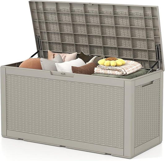 Skepphlay 100 Gallon Deck Box Outdoor Waterproof, Rattan Outdoor Storage Box, Patio Storage Boxes for Cushions, Pillow, Garden Tools, Equipment