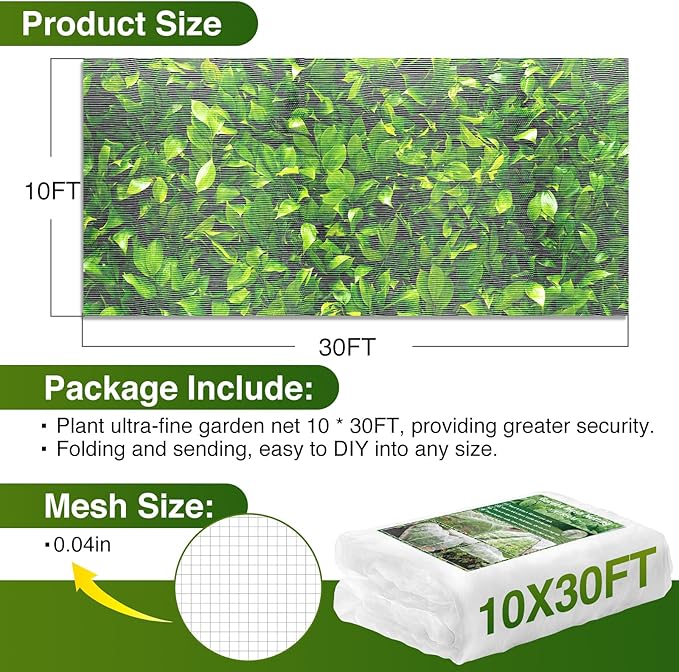10 X 30FT Garden Mesh Netting Barrier,Plant Fruit Tree Netting for Vegetable Blueberry Bushes Plant Row Cover Screen Protection