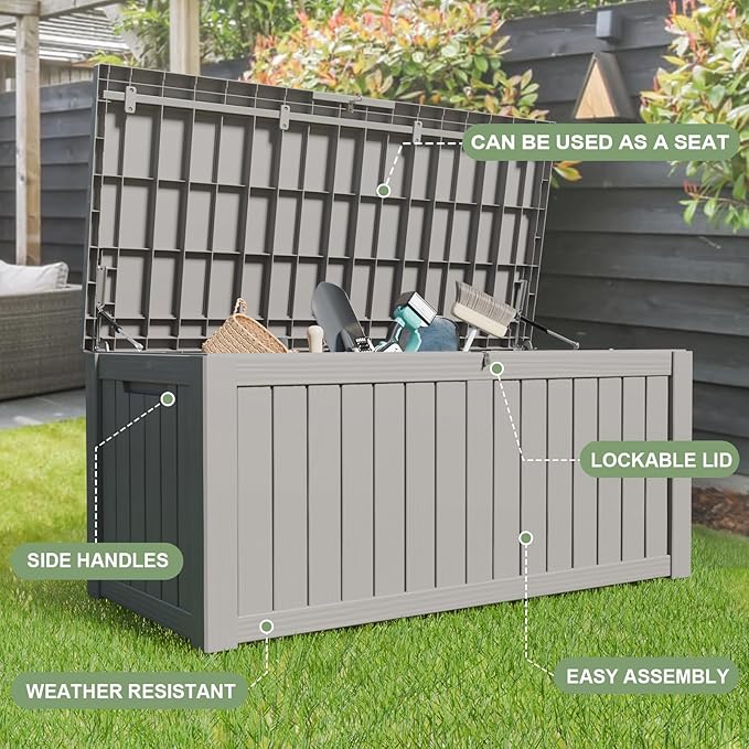 120 Gallon Outdoor Storage Box, Waterproof Resin Deck Box for Indoor & Outdoor Use Lockable Storage Bench with Piston Hinge Storage Bin for Indoor, Garden Tools, Pool Supplies, Patio, Grey