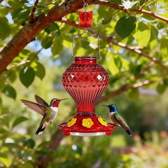 Glass Hummingbird Feeder for Outdoors Hanging, 20 oz Nectar Capacity, 6 Feeding Ports, Leak-Proof Rust-Free Plastic Base, Easy to Refill & Clean, Decorative Red Glass Bird Feeder for Garden Patio