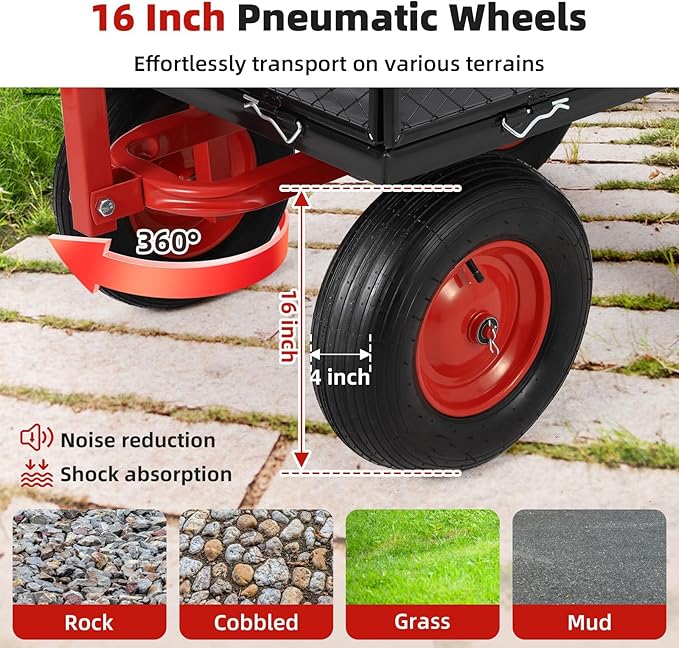 GarveeTech Heavy-Duty Metal Wagon Dump, 1440lbs Steel Garden Dump Cart, with Removable Mesh Sides, 2 in 1 Push and Pull 180° Rotating Handle & 16in All Terrain Wheel for Garden, Yard