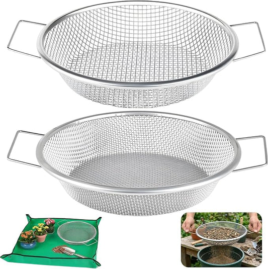 2PCS Soil Sifter for Gardening with Handle,Stainless Steel Rock Compost Soil Sifter for 5 Gallon Bucket,1/4in,1/8in Mesh Garden Sifting Screen Gravel Sawdust Vermicompost with Repotting Mat