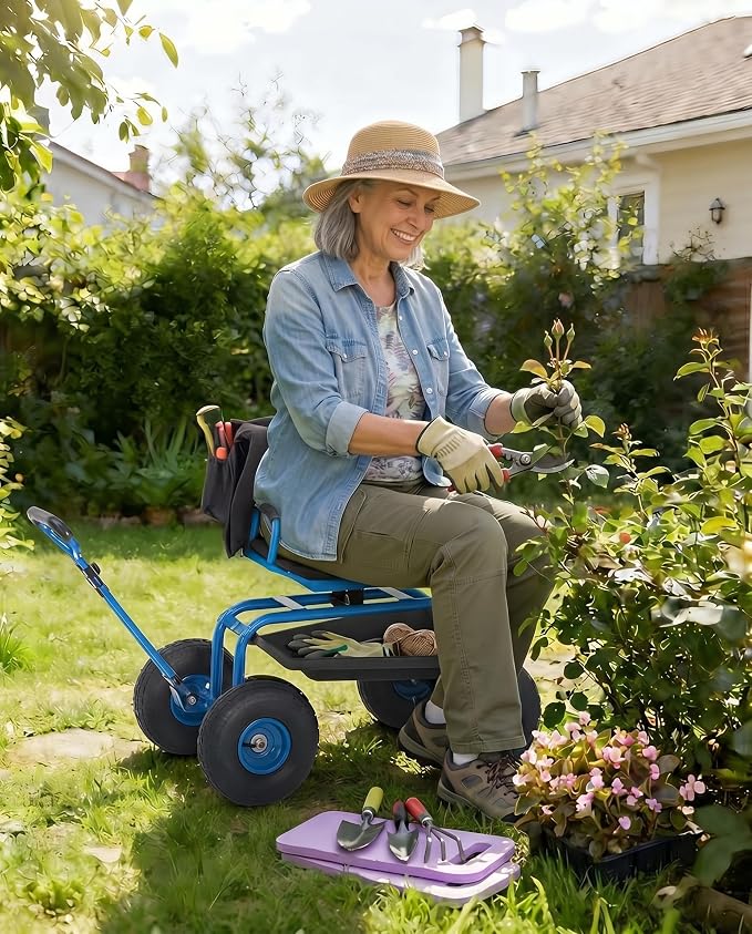 Rolling Garden Work Seat with Wheels, 360° Swivel Seat Gardening Cart with Extendable Steering Handle, Tool Tray and Storage Basket, 300 lbs Capacity, Gardening Stools for Patio, Yard, and Outdoors