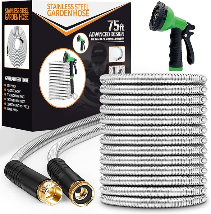 Unywarse Garden Hose 75ft, Stainless Steel Heavy Duty Water Hose with 10 Function Nozzle Flexible, Lightweight, No-Kink, Pet Proof, Puncture Proof Metal Hose for Yard, Outdoor