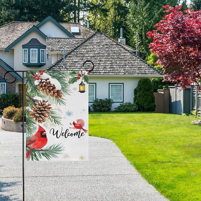 Welcome Winter Cardinal Birds House Flag 28x40 Inch Double Sided Outside Christmas Poinsettia Snowflake Xmas Seasonal Yard Outdoor Flag Banner for Garden Lawn Patio Holiday Decorations
