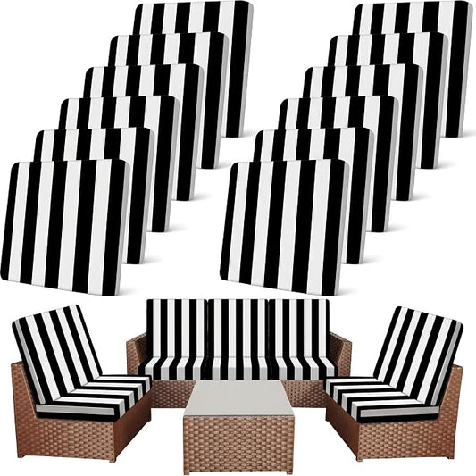 Newwiee 12 Pcs Patio Stretch Outdoor Cushion Covers Sofa Couch Cover Replacement Couch Slipcover Sofa Seat Chair Porch Patio Furniture Protector, Flexibility Washable (Black White,Stripes)