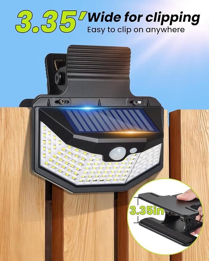 Clip on Solar Lights Outdoor with Motion Sensor, 800LM & 270° Wide Angle Solar Fence Lights Outdoor Waterproof with 115 LEDs, 3 Modes & Portable Security Lights for Chain Link Patio Deck Yard (4Pack)