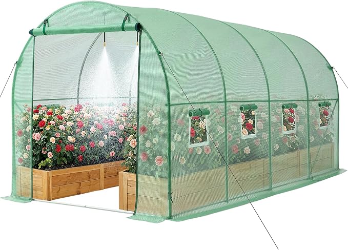 VEVOR Walk-in Tunnel Greenhouse, 15 x 7 x 7 ft Hoop House Greenhouse Tunnel with Watering System, Plant Hot House with Steel Frame, PE Cover, Roll-Up Zipper Door and 8 Windows for Outdoors, Green