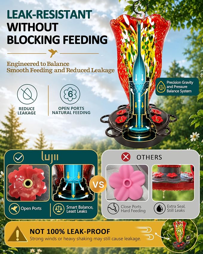 LUJII Smart Hummingbird Feeder with Camera, Hand Blown Glass for Outdoor Hanging, Solar WiFi Feeder with Live View App, 6 Feeding Ports, Leak-Resistant Design, Ant Moat & Gift Box, 32 fl oz, Red