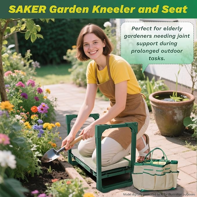 Saker Garden Kneeler and Seat Foldable Gardening Stool with Extendable Legs & Thickened Pad, Tool/Storage Bag, Heavy Duty 400lbs Support for Elderly, Gardening, Outdoor Use