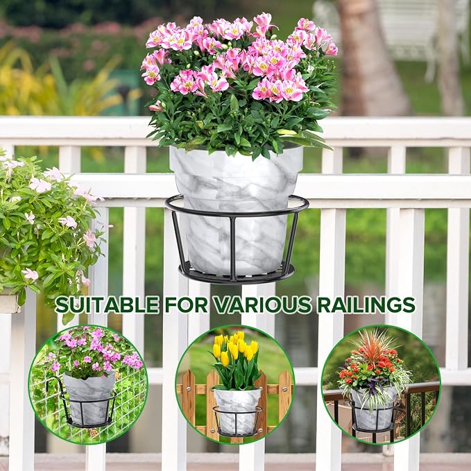3PCS Railing Planter Holders, Compatible with 1"-2.08" Wide Railings | 3 PCS Railing Hanging Planter Holders, Round Balcony Metal Flower Pot Stand with Base, Easy for Hanging and Moving.