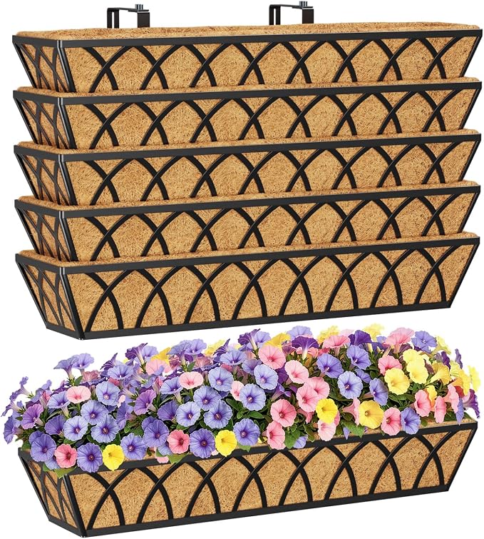 HFHOME 30 Inch Railing Planter Box with Coco Liners and Adjustable Brackets for Porch, Fence, Patio, Balcony Hanging Flower Railing Baskets, Outdoor Garden - 6 Packs