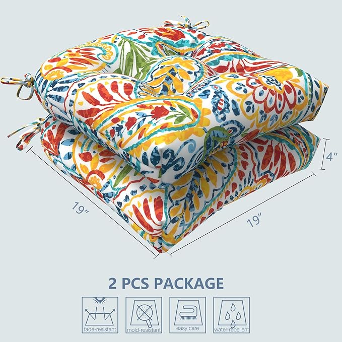 LVTXIII Outdoor/Indoor Tufted Seat Cushion, Decorative Wicker Chair Pads All Weather Seat Cushion Sets for Patio Garden Home Office Furniture, 19”x19”x4”, Round Back, Pack of 2, Paisley Multi