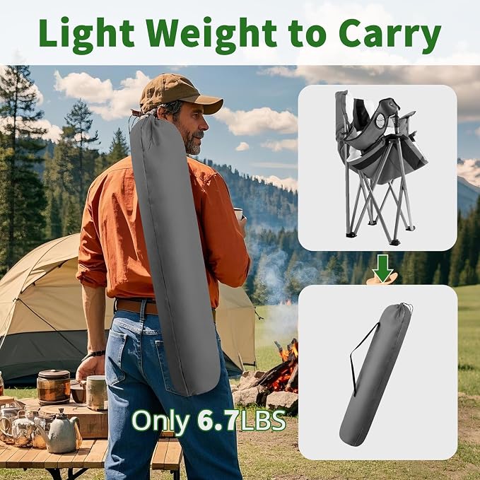 Camabel Folding Camping Chairs Oversized Heavy Duty 400 LBS Sturdy Beach Chair Portable Outdoor Lawn Chairs High Padded Back with Cup Holder Carry Bag for Sporting Hiking Picnics Fishing Concerts Grey