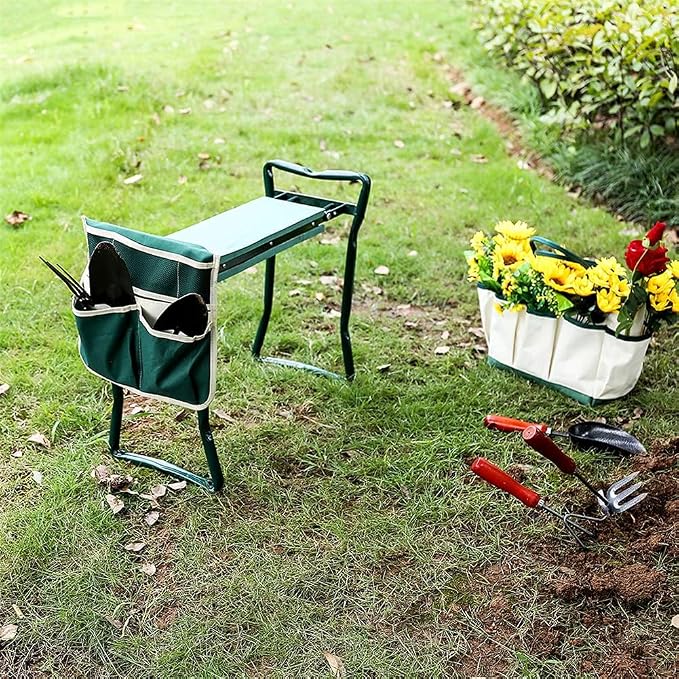 Garden Kneeler Seat Garden Stools Foldable Stool with Tool Bag Pouch EVA Foam Pad Capacity-Protects Your Knees for Gardening Tool kit