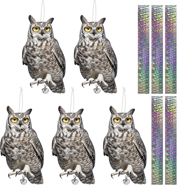 5PCS Reflective Plastic Owl Hanging Decoration Dual-Side Printed Raster Fake Eagle Garden Owl with Scare Tape for Garden Patio Windows
