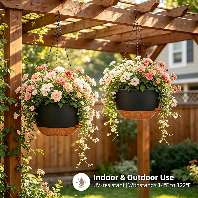 2 Pack 10 Inch Self Watering Hanging Planters for Indoor Plants, Large Black Brown Plastic Hanging Pots with Chains for Outdoor Patio Garden Home Decor (Black Brown)