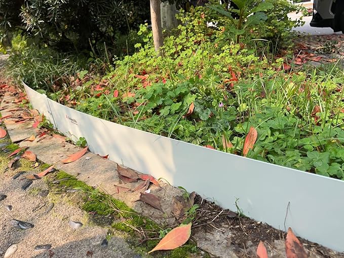 A ANLEOLIFE 20FT Galvanized Steel Landscape Edging, 6-Pack 40" L x 6" H Hammer-in Metal Garden Border with 10 Stakes for Lawn, Pathway, Flower Beds – White