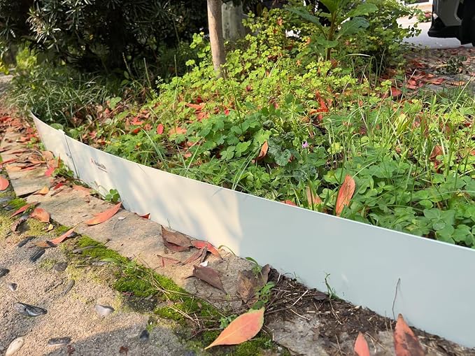 A ANLEOLIFE 20FT Galvanized Steel Landscape Edging, 6-Pack 40" L x 8" H Hammer-in Metal Garden Border with 10 Stakes for Lawn, Pathway, Flower Beds – White