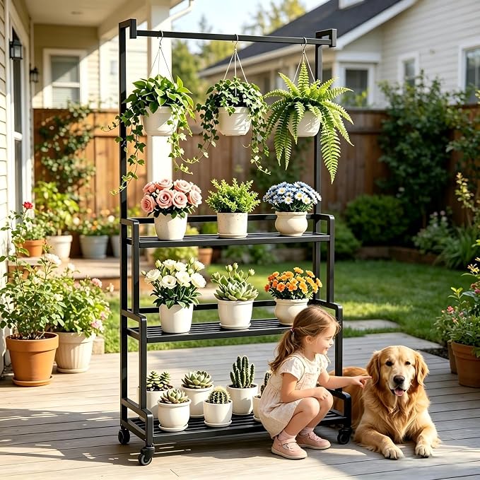 3 Tier Rolling Plant Stand with 3 S-Hooks, 70" Tall Heavy Duty Metal Plant Shelf with Lockable Wheels, Black Curved Corner Plant Display Rack for Indoor Outdoor Patio Balcony Garden (With Hook)