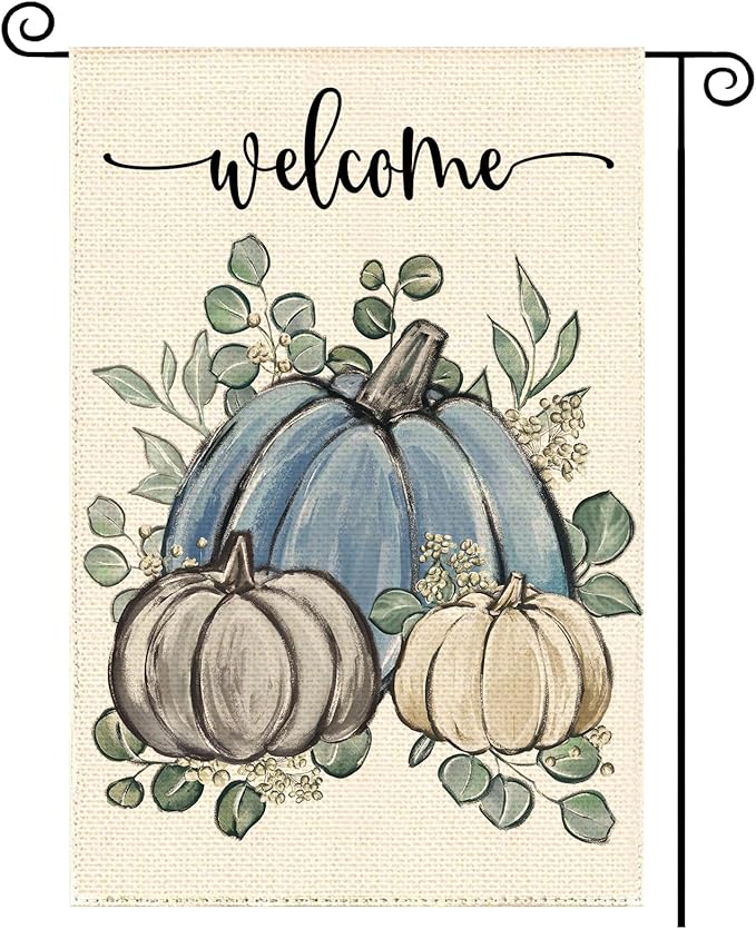 Fall Thanksgiving Harvest Blue Pumpkin Garden Flag 12 x 18 Inch, Autumn Grateful Burlap Double Sided Welcome Small Flag Yard House Farmhouse Seasonal Holiday Patio Outside Decoration