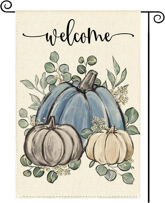 Fall Thanksgiving Harvest Blue Pumpkin Garden Flag 12 x 18 Inch, Autumn Grateful Burlap Double Sided Welcome Small Flag Yard House Farmhouse Seasonal Holiday Patio Outside Decoration