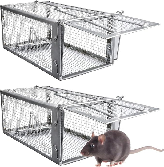 Humane Rat Traps 2-Pack, No Kill Small Animal Cage Trap, Live Mouse Trap Cage Catch and Release, Trampa para Ratones, Chipmunk Rodent Trap that Work for Indoor and Outdoor - 12.3" L x 6.5" W x 5.3" H
