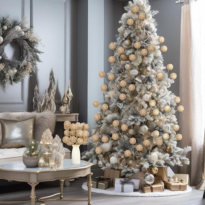 Norme 6 Pcs 15.8" Christmas Glitter Ball Tree Picks Christmas Ball Decorations Artificial Berry Stems Branches for Filler Vase Home Xmas Tree Party Holiday Decor(Champagne)