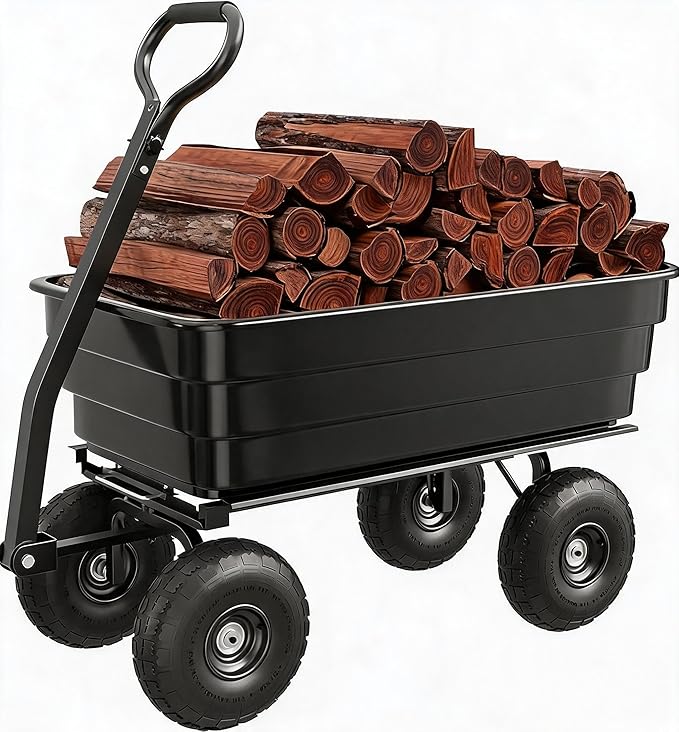 Heavy Duty Gorilla Cart-Style Dump Utility Wagon, 1200lb Poly Wheelbarrow with 13" All-Terrain Tires, Quick-Release Yard Garden Cart on Wheels for Landscaping, Lawn Tractor Tow, 4 cu.ft