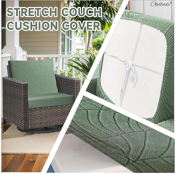 CALBODE 8Pcs Stretch Couch Cushion Covers, Water Resistant Outdoor Sofa Cuhsion Cover Replacement,Washable Outdoor Patio Chair Seat Cushion Covers for Furniture Protect (Sage Green, Leaf Textured)