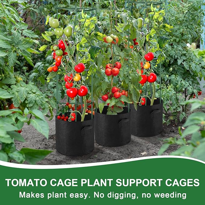 Wenqik 6 Packs Tomato Cage with 7 Gallon Grow Bags 47 Inch Tomato Planter with Trellis 18 Pcs Clips and 328ft Twist Tie Garden Tomato Pot for Vertical Climbing Plants Cucumber