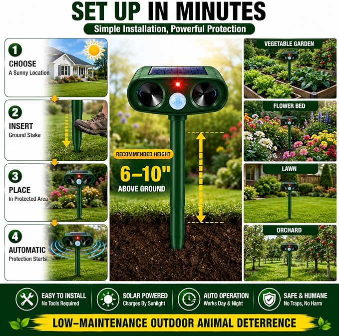 2 Pcs Upgraded Solar Animal Repellent Ultrasonic Outdoor for Cats Squirrels Racoons Rabbits Foxs Dogs Skunks Deer Repellent Devices Waterproof Motion Sensor Animal Repeller Deterrent for Yard Garden