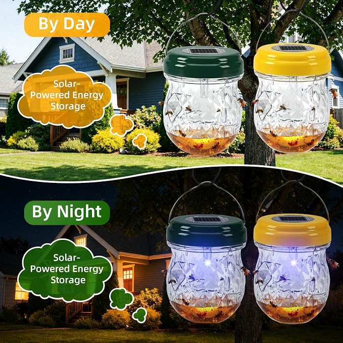 4 Pack Solar Wasp Traps Outdoor Hanging: Reusable Yellow Jacket Traps with LED Light - Effective Carpenter Bee Catcher & Hornet Trap - Waterproof Wasp Deterrent for Garden & Yard (4)