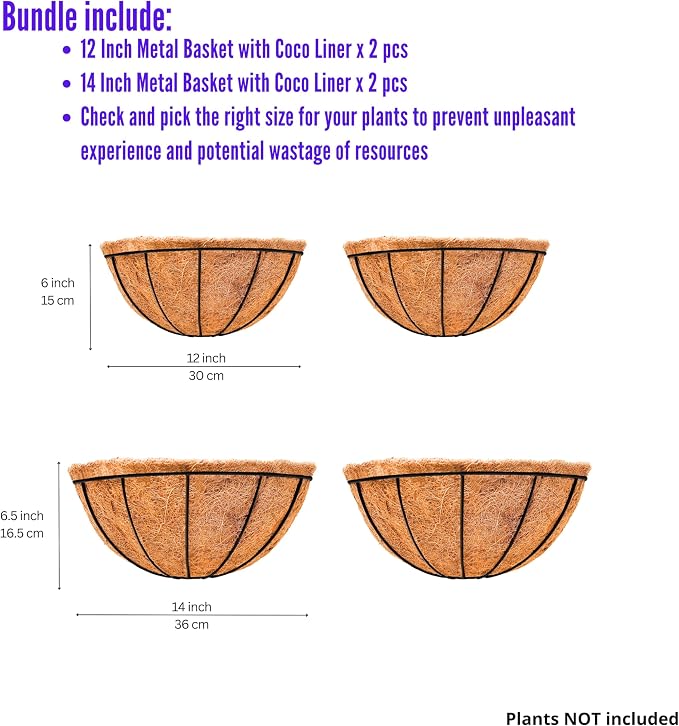 LaLaGreen Bundle- 2 Pack, 12 Inch + 2 Pack, 14 Inch Metal Wire Hanging Planters with Coco Liner Wall Mount Round Flower Herb Basket Outdoor Fence Rail Balcony Deck Porch Plant Pot Holder Garden Decor