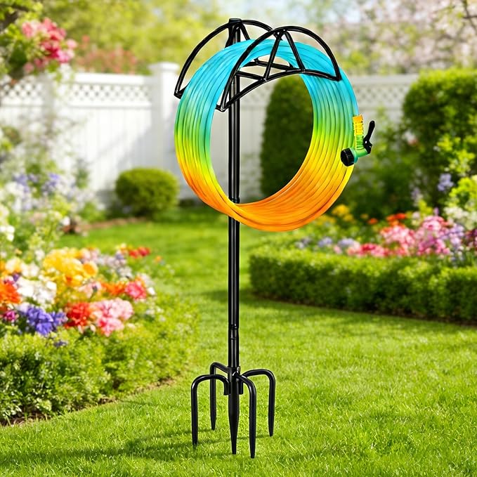 Gtongoko Garden Hose Holder with Upgrade 5 Prongs Base Freestanding Water Hose Holders for Outside Holds 150ft Hose Heavy Duty Metal Hose Hanger Sturdy Detachable Hose Stand Organizer Yard Black