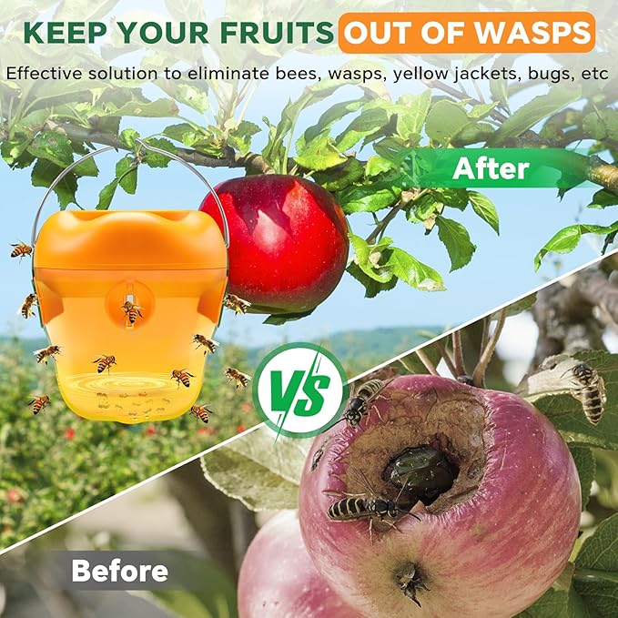 Wasp Trap, Solar Wasp Traps Hanging, Reusable Yellow Jacket Trap with LED Light, Wasps Killer, Bee Hornet Traps for Outside Orchard, Farm, Garden, Patio, Courtyard (4, Yellow)