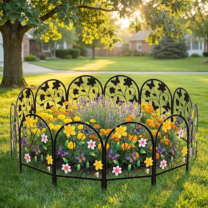 8 Pack Butterfly Decorative Garden Fence Metal Butterfly Flower Design Metal Arch Garden Fence Border for Yard Patio Flower Bed Lawn Outdoor Landscape Decoration Animal Barrier Fence for Garden