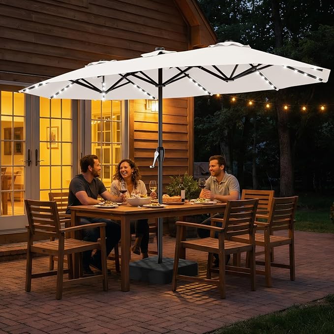 AreShark 15FT Patio Umbrella with Solar Lights, Double Sided Outdoor Table Umbrellas with Crank, Large Rectangular Market Umbrella for Porch, Lawn, Pool, Backyard, Cream-White