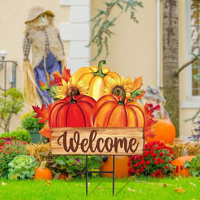 JarThenaAMCS Thanksgiving Yard Sign Metal Fall Pumpkin Yard Stakes Maple Leaves Garden Stake Decorations Welcome Sign for Autumn Harvest Outdoor Lawn Patio Walkway Decor
