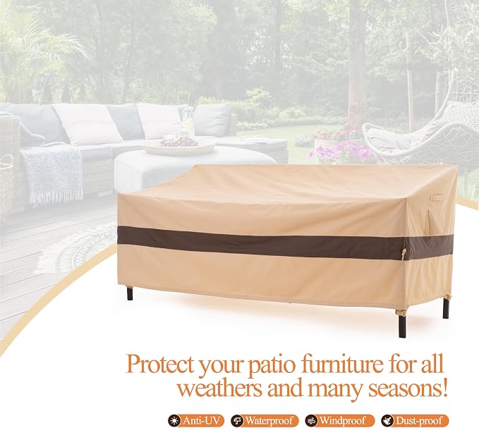 WJ-X3 3-Seater Outdoor Sofa Cover, Heavy Duty Patio Sofa Cover, Outdoor Couch Cover Waterproof, High Wind Resistant Design for Patio Couch Cover, 87W x 37D x 35H, Beige & Coffee
