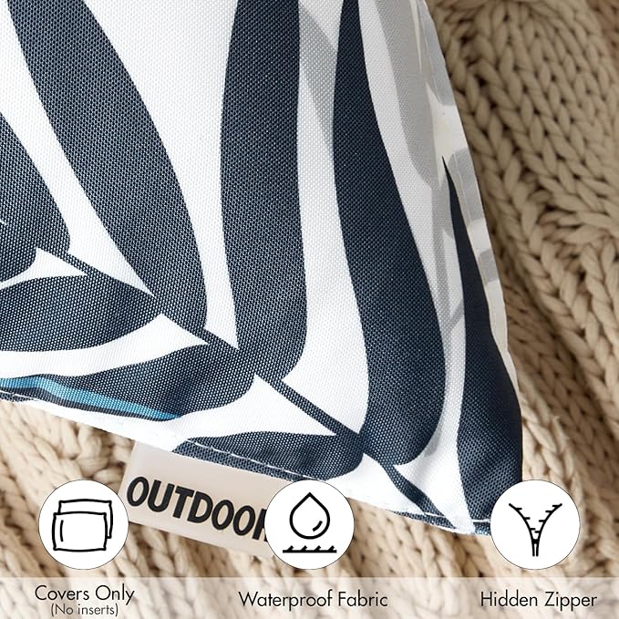 MIULEE Pack of 2 Decorative Outdoor Waterproof Throw Pillow Covers Patio Pillow Cases Natural Leaves Pattern Spring Square Cushion Shams Shell for Garden Balcony Couch 18x18 Inch, Navy Blue