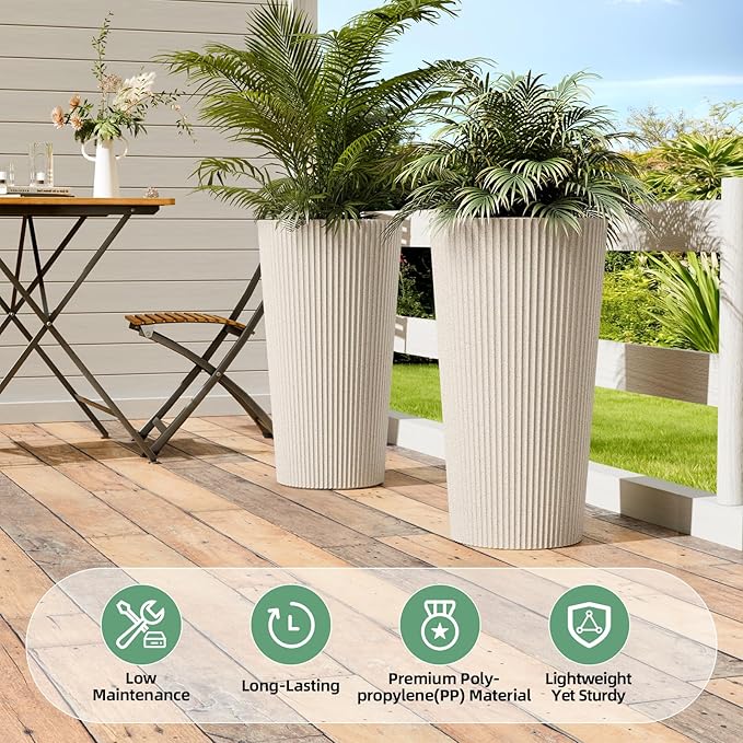 23.6" H Tall Planters for Outdoor Plants, 2 Pack Large Outdoor Planters for Front Porch Decor with Drainage Hole, Plastic Striped Flower Pots Fits Indoor Plants Patio Garden, Black