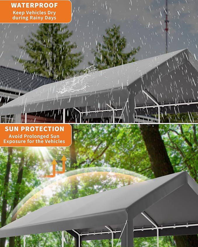 CABIHOME 10 x 20 ft Heavy Duty Carport Canopy, Portable Car Tent Garage with Roll-Up Door, All-Season Tarp Cover, Removable Side Walls, Outdoor Storage Shelter Shed for Car SUV Boats Truck, Grey