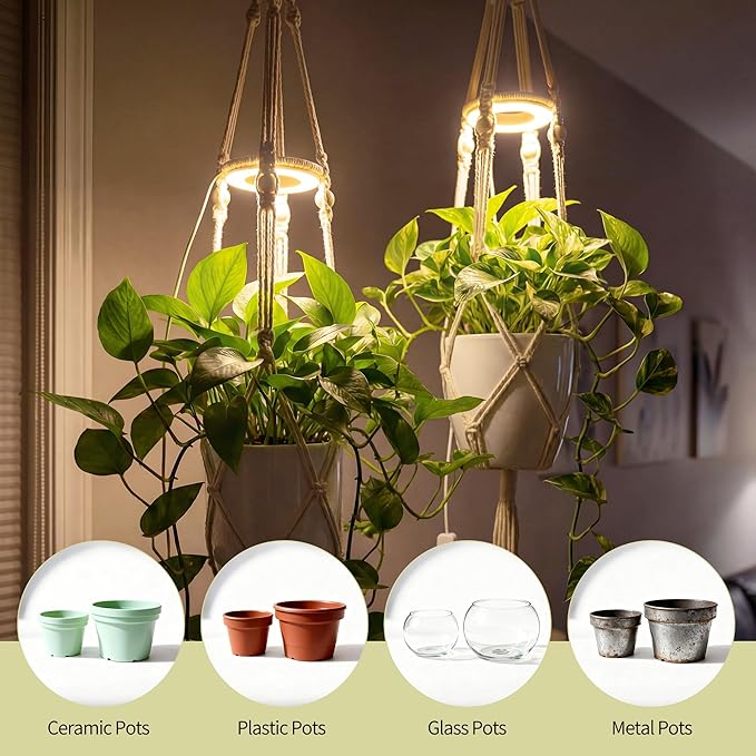 Hanging Plant Grow Lights for Indoor Plants with Timer, Wall Mounted Full Spectrum Pendant Growing Light with Macrame Plant Hanger, Ceiling LED Planta Luz for Potted Plants Home Decor(2 Pack)