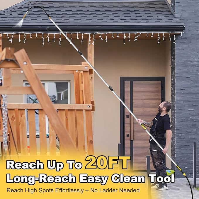 20FT Reach Gutter Cleaning Tools from Ground, Telescopic Rain Gutter Cleaner Tool with Garden Hose Attachment and Bendable Sprayer Wand