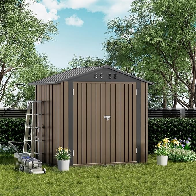 COMHOMA Shed Outdoor Storage Shed Metal,Lockable Doors Tool Sheds with Sloping Roof,Steel Garden Shed with Air Vent for Backyard,Patio,Lawn,Poolside(Brown,6'x4')