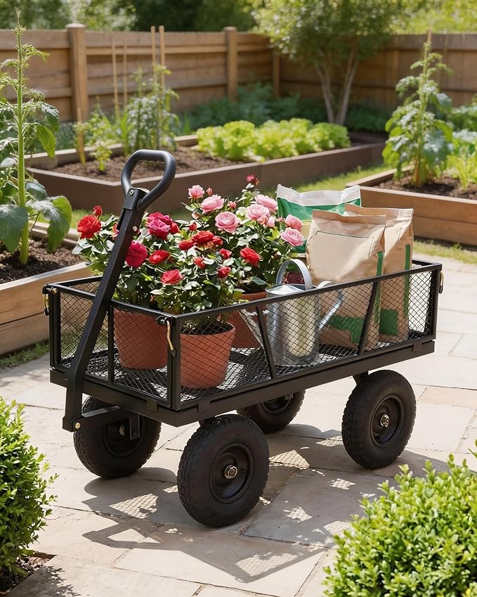 GarveeTech 400LBS Heavy Duty Steel Garden Cart, Garden Wagon Cart on Wheels, Metal Yard Utility Wagon with Removable Mesh Sides, 10" All Terrain Tires, 180° Rotating Handle for Lawn, Garden, Farm