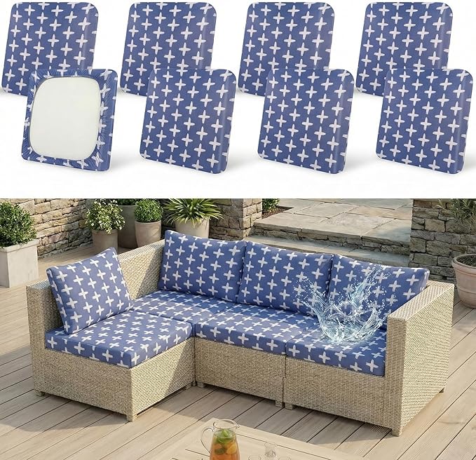 8 Pack Outdoor Cushion Covers Water Resistant High Stretch Fit Patio Cushion Covers 180g Couch Seat Slipcovers Machine Washable Pet & Kids Friendly Home Refresh 20-27 Inch, Navy Cross