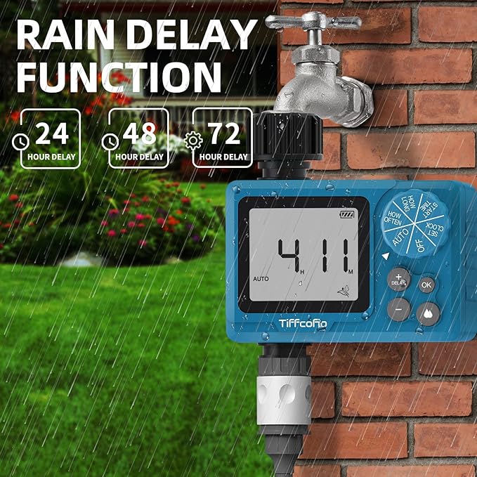 TiFFCOFiO Sprinkler Timer Outdoor, Digital Programmable for Garden Hose, Irrigrtion Timer with Rain Delay and Manual Mode (1 Pack)