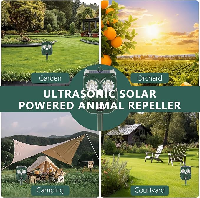 2 Pack 2026 Ultrasonic Animal Repellent Outdoor Deer Repellent Devices Solar Animal Repeller Motion Activated Deterrent to Scare Cat Squirrel Rabbit Raccoon Skunk with LED Flash Lights for Yard Lawns